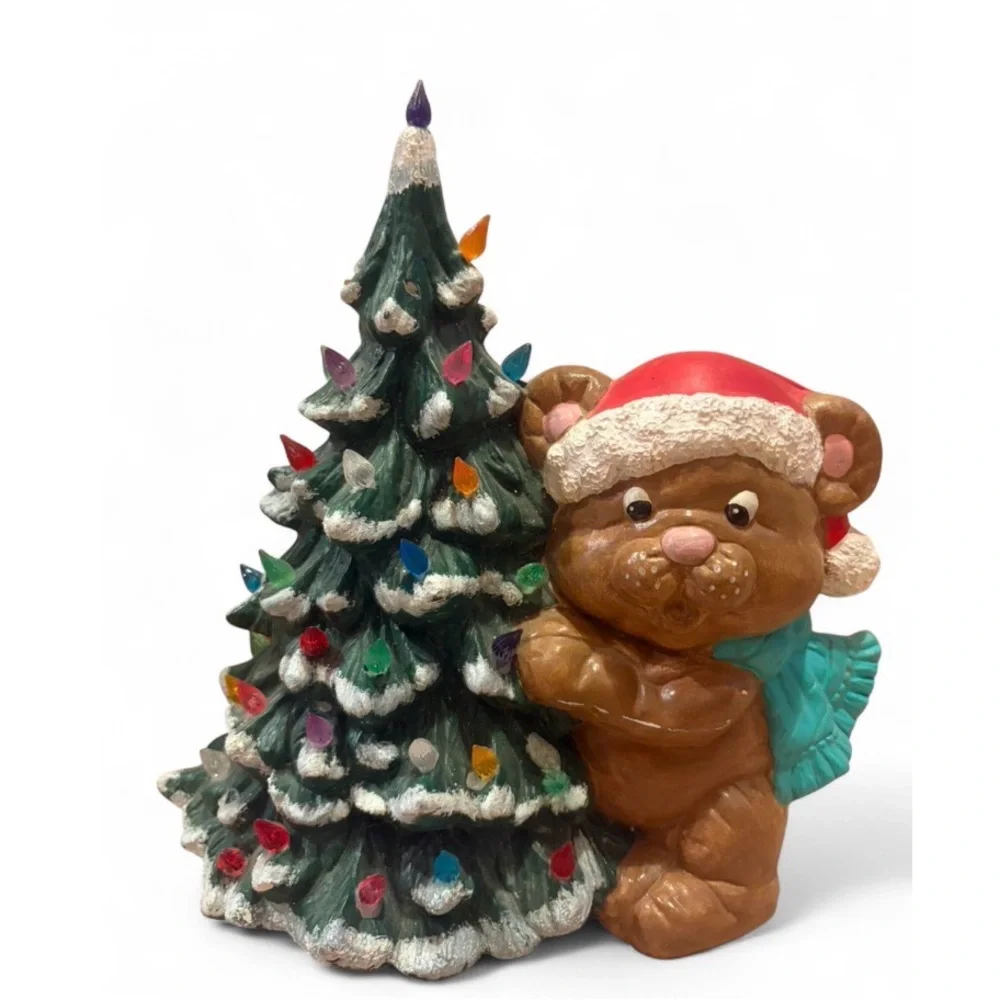 Vintage Hand Painted Teddy Bear Light Up Ceramic Christmas Tree Tabletop Lamp